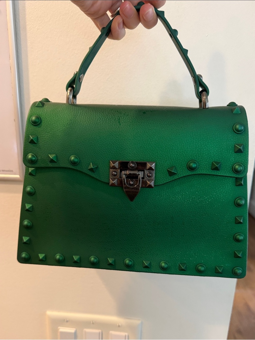 Green Stud-Trim Top Handle Bag